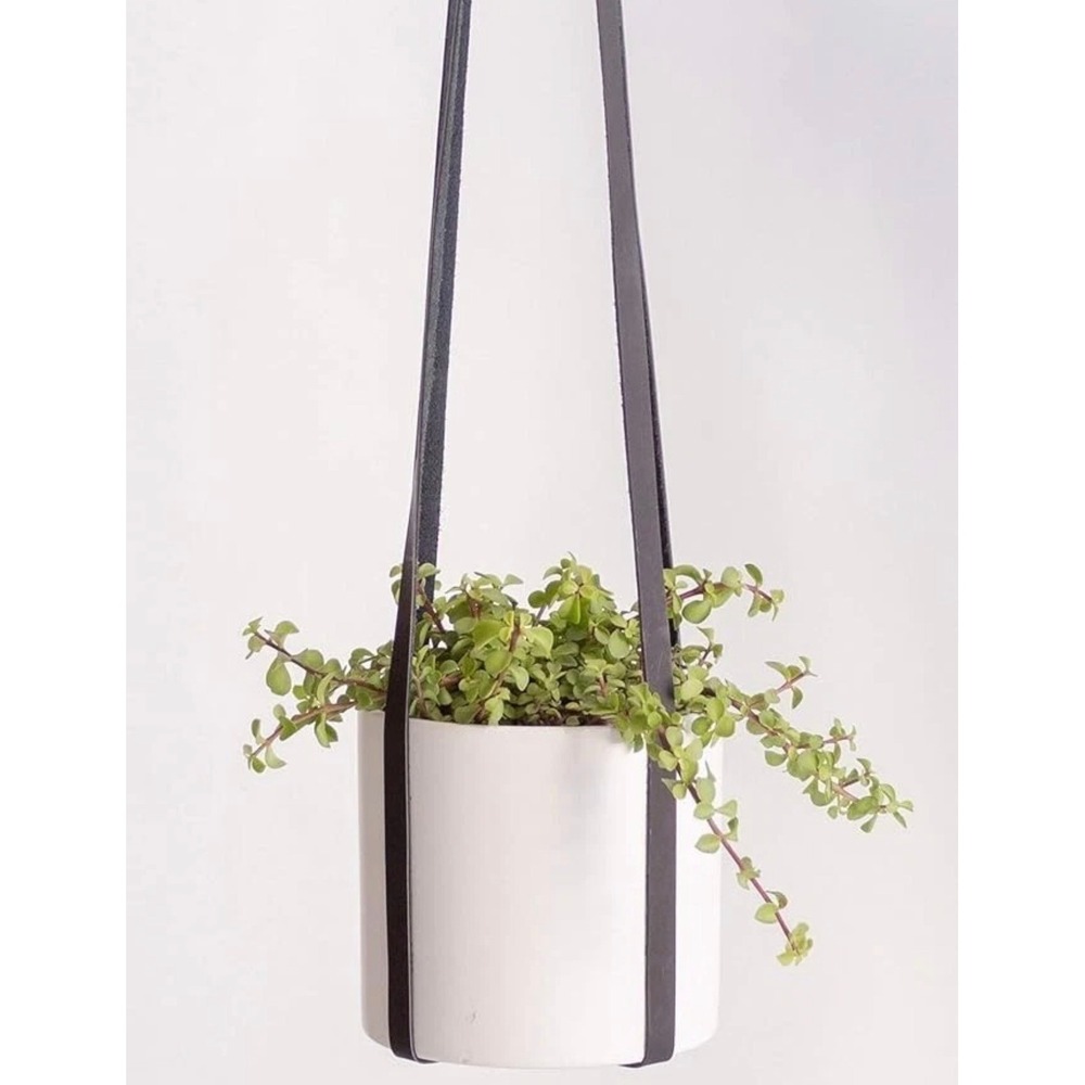 Base Roots Black Vegan Leather Hanging Plant Hanger Minimalist Modern Decor